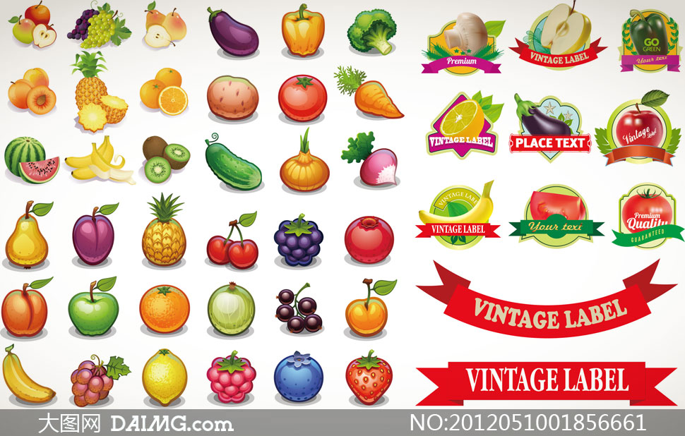 逼真质感蔬菜水果与标签矢量素材 - 大图网设计
