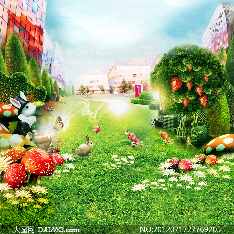 草莓树与草地兔子影楼摄影背景图片 - 大图网设
